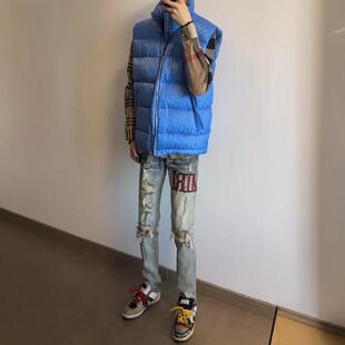 美式高街AM新款刺绣字母牛仔裤男百搭宽松学生韩版直筒休闲长裤子