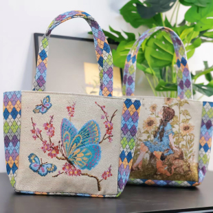菱格手提包雙面金絲提花刺繡帆布包百搭女士休閑包便攜上班手拎包