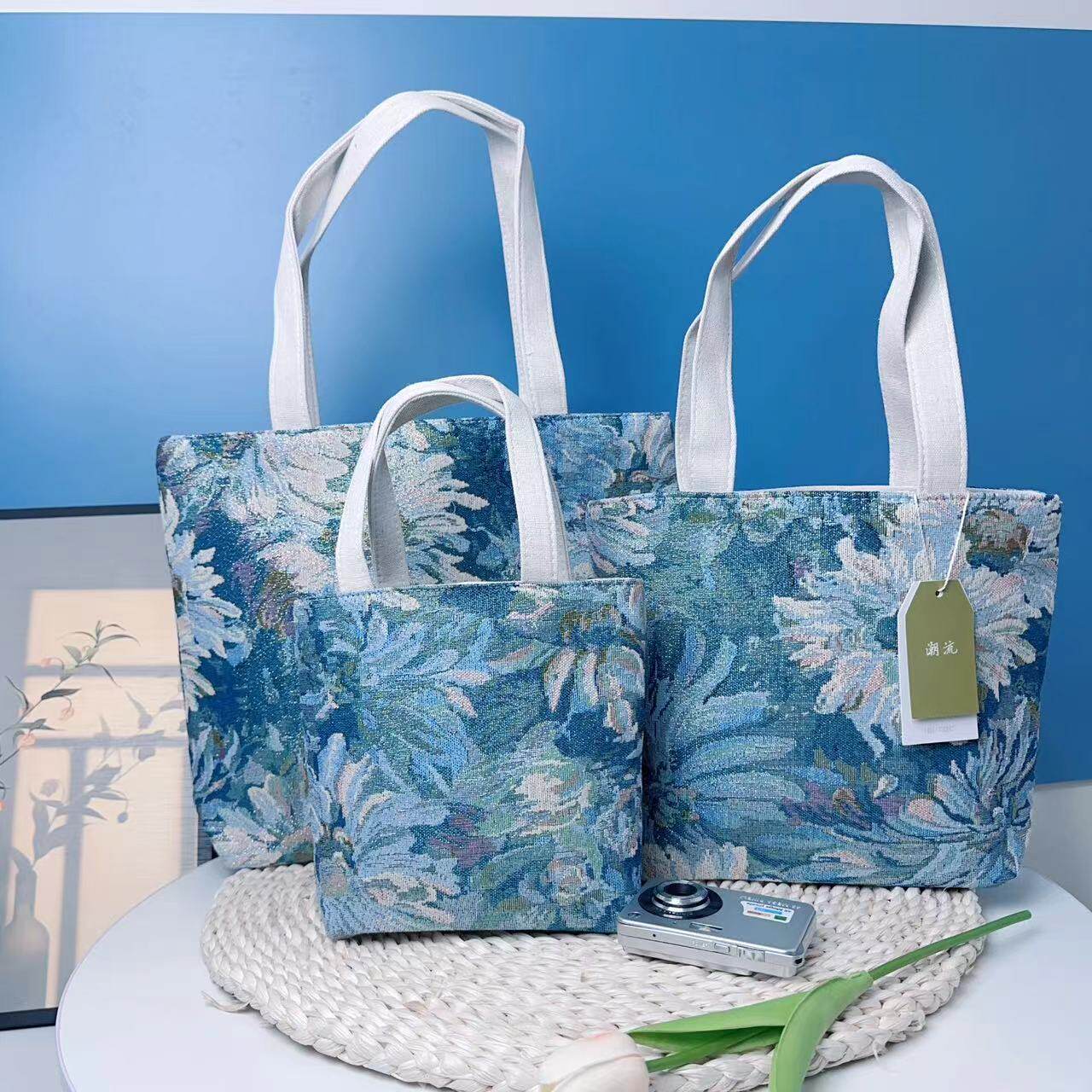 莫奈花园帆布包文艺小清新单肩包学生补习包上班百搭通勤包大容量