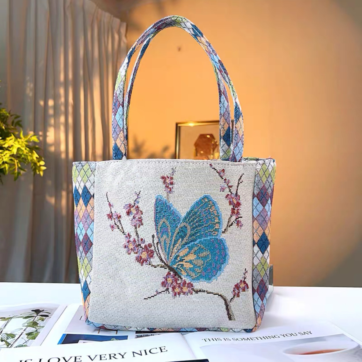 新款菱格手提包双面金丝提花刺绣帆布包百搭女士休闲包便携手拎包