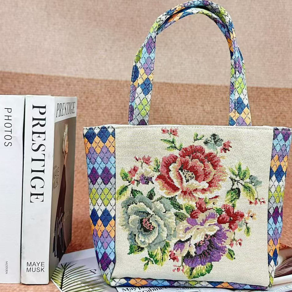 菱格手提包双面金丝提花刺绣帆布包百搭女士休闲包便携上班手拎包