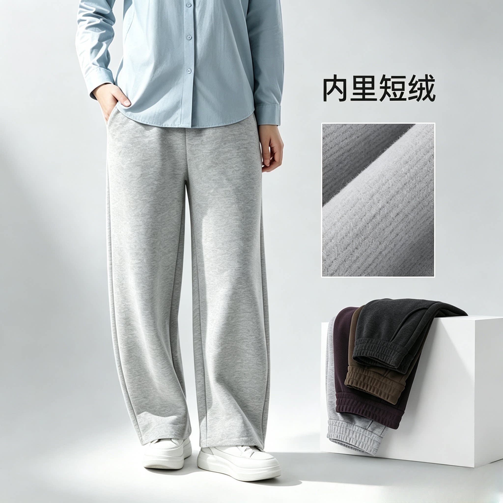 鹿岛什物纪ABQ20351女式双面绒保暖长裤宽松弯刀裤短绒休闲裤子图片