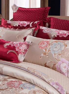 86M0式上庆四件套床用品奢华大红刺绣贡缎六八十件F7575M7H套欧结