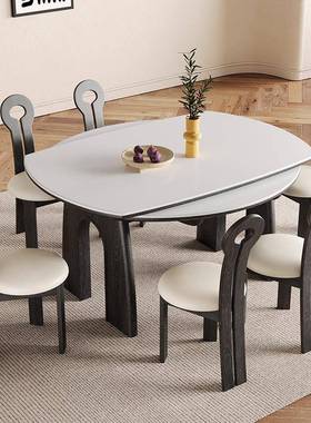 法式复古伸缩岩板餐家桌38154户白色用小型意式轻奢设师计圆形实
