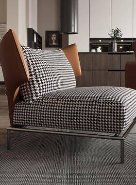 代简约客厅千鸟格单人布沙发椅懒人现单人沙73112发设休计师款闲