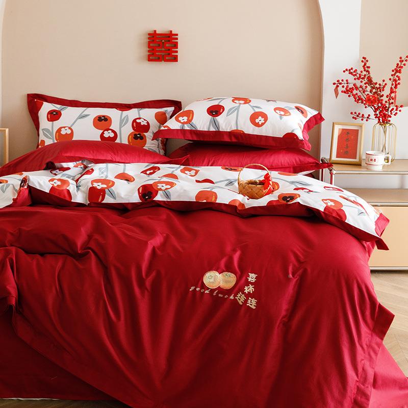 秋冬新双面款婚套ADP庆件纯棉印花100支长绒棉红色结婚2.0被套四