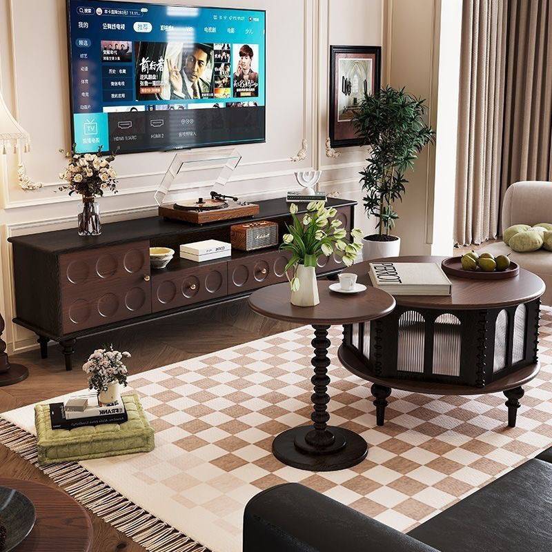 复古实木电视柜黑色美式小户型客厅家用收纳储物柜中古风家具