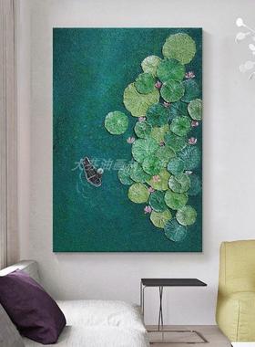 顺丰】石客好运ASF厅莲莲手绘饰油画玄关绿色荷花叶肌理装壁画立