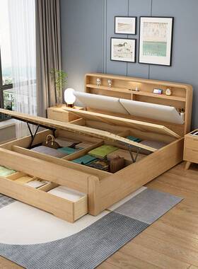 床头充电实木床白色现代简约主卧双人床气压收纳高箱抽屉储物床