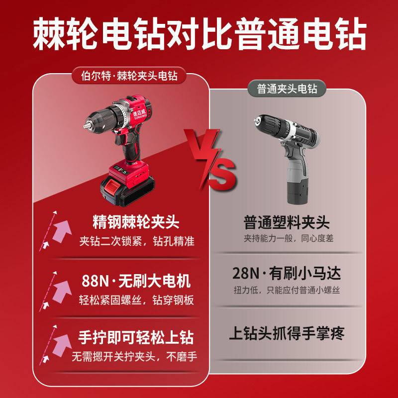 速迈威工业级无刷锁棘轮夹头电钻锂电双速充电钻手电钻多功能电动
