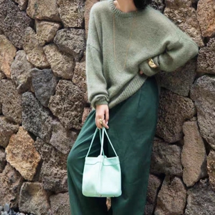 韩系chic别致套装高级感超好看宽松慵懒风绿色针织衫毛衣女休闲裤