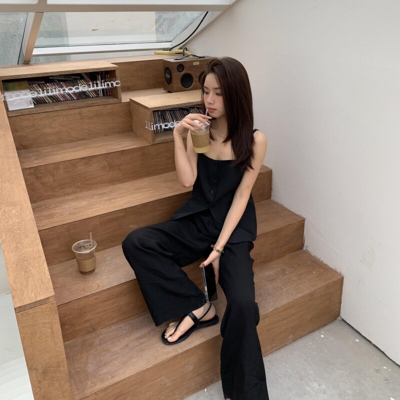 韩系chic别致穿搭网红吊带背心上衣时尚宽松休闲长裤套装女