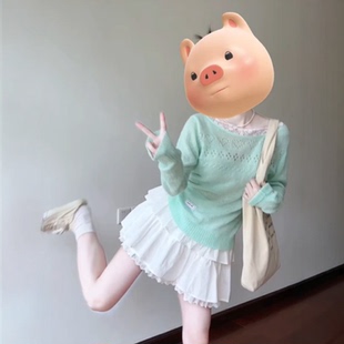 法式镂空蕾丝拼接绿色防晒罩衫2026春季白色a字半身裙子两件套装