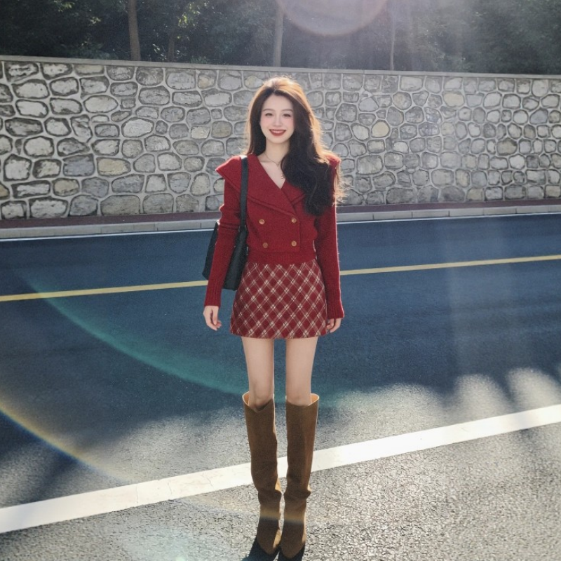 高级感时尚小香风红色毛衣针织衫别致格纹半身裙新年氛围感套装女,女装/女士精品,时尚套装,淘宝优惠券,粉丝福利购,淘宝优惠卷