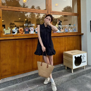 韩系polo领黑色无袖连衣裙女2026年夏季宽松显瘦休闲工装背心短裙