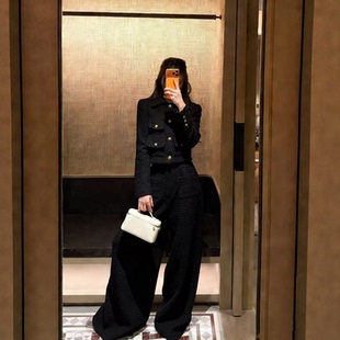 气质小香风黑色短款外套女秋冬季新款高级感宽松直筒长裤两件套装