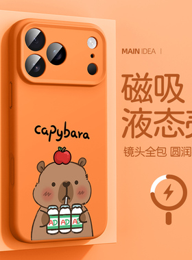 适用苹果17手机壳橙色17promax卡皮巴拉16pro磁吸充电iphone17Air水豚15spro液态硅胶软壳14plus全包防摔ip13