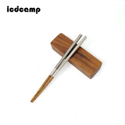 ICDCAMP不锈钢折叠勺子叉筷套装露营便携式餐具鸡翅木金属筷礼盒