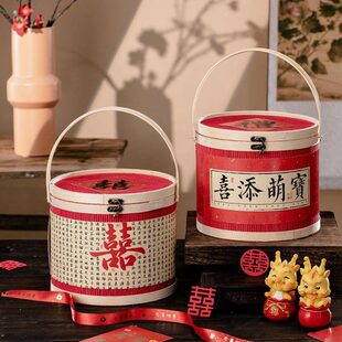 事结婚月子喜送礼空宝宝诞生 鸡蛋花篮坐红色礼盒盒竹篮礼品盒包装