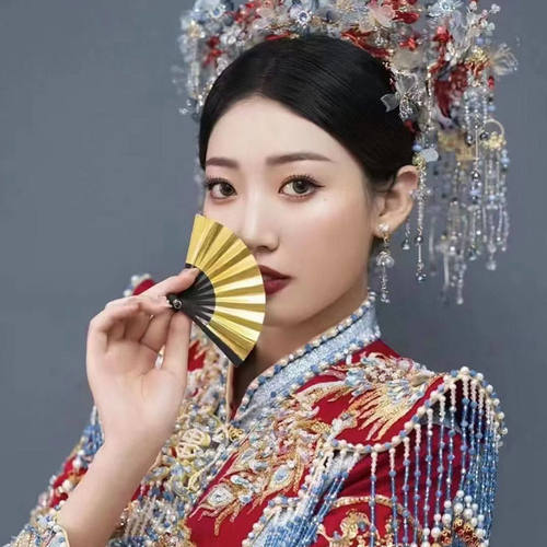 8CM迷你小扇子娃娃头饰扇子折扇红色婚纱拍摄道具中国风创意金色