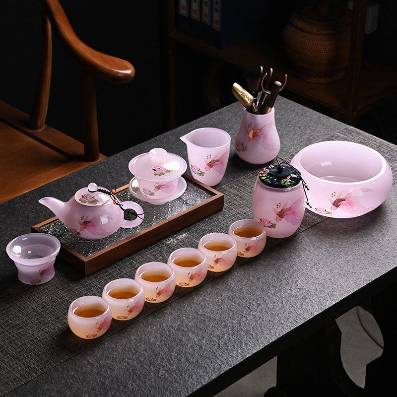 粉色琉璃玉瓷套装家用功夫茶具玻璃玉石三才盖碗冰冻烧档礼盒装,餐饮具,整套茶具,淘宝优惠券,粉丝福利购,淘宝优惠卷
