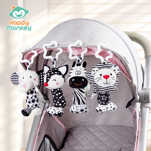 Happy monkey追视黑白安抚摇铃婴儿可爱早教风铃推车挂件玩具