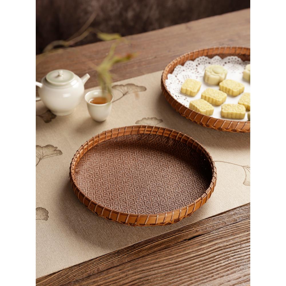 高档手工藤编席面竹编托盘精品圆簸箕水果篮子茶道点心馒头收纳筐