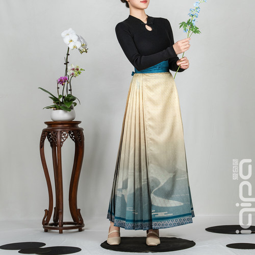 爱奇葩iqipa 竹编宋锦纹样新款新中式马面裙女显瘦古风汉服半身裙