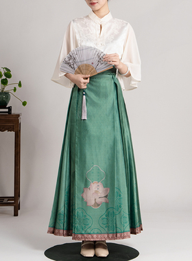 爱奇葩iqipa 【出水芙蓉】新中式马面裙女绿色荷花设计汉服半身裙