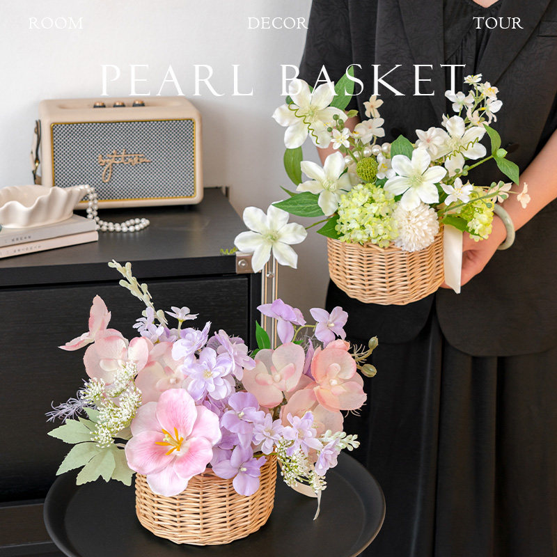 原创藤编手工编织花篮插花花艺摆件假花拍照道具客厅高端摆花绢花