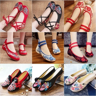 苗族鞋子女布鞋民族风绣花鞋坡跟鞋红色婚鞋广场舞蹈鞋汉服单鞋子