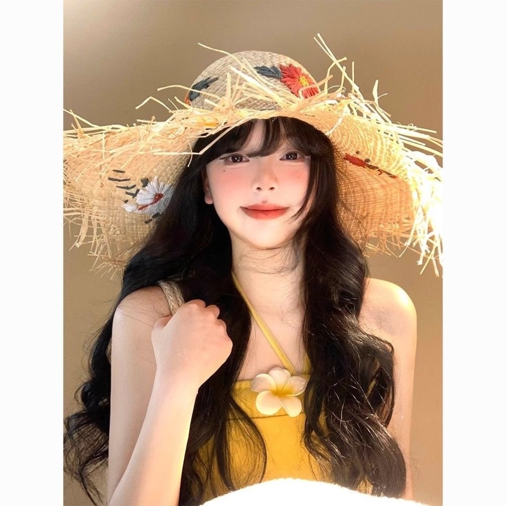 法式拉菲草花朵草帽女夏