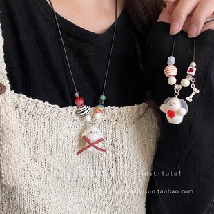 可爱萌趣抽拉爱心白色毛绒小狗吊坠项链女秋冬长款挂脖毛衣链项饰