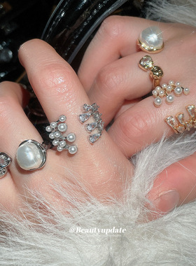 法式复古轻奢锆石珍珠开口戒指