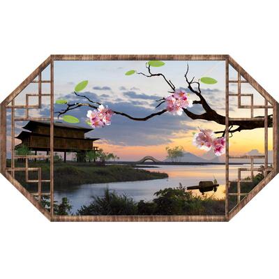 3D立体中国风古典假窗户墙贴画复古老城风景中式假窗客厅装饰贴画
