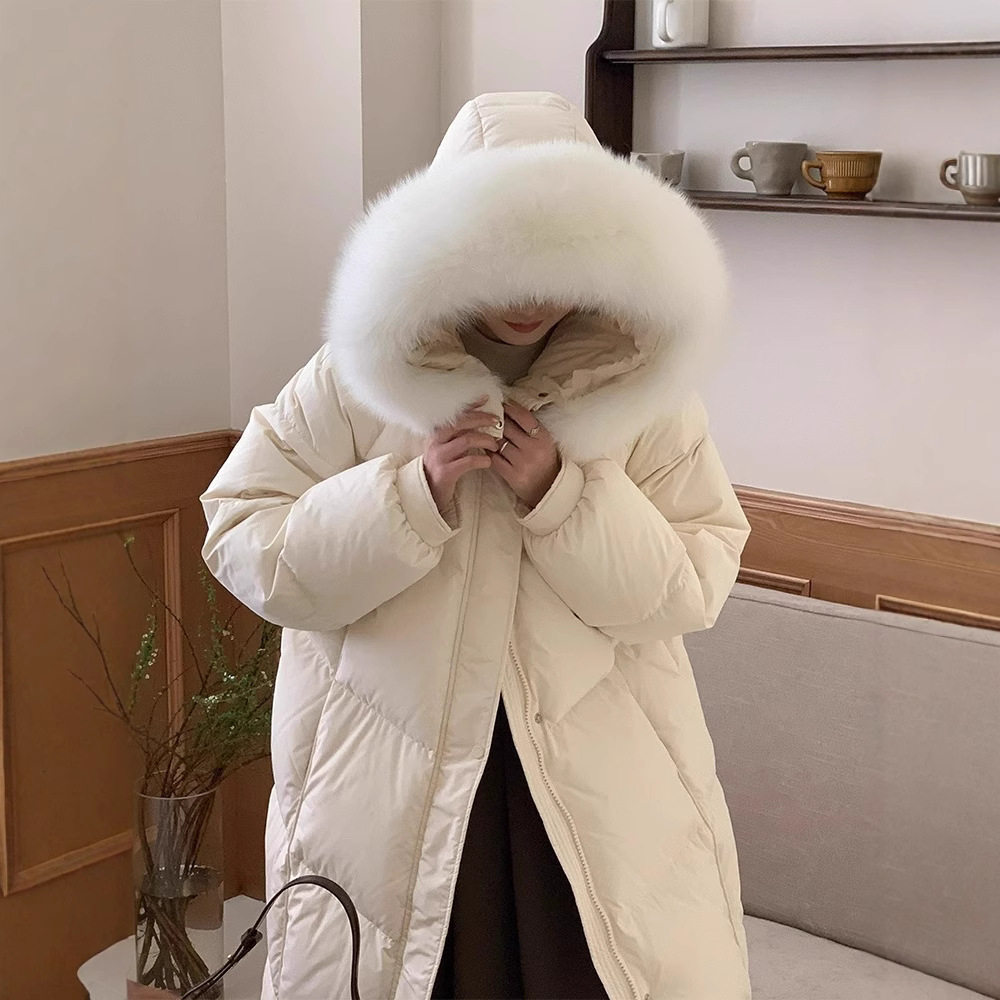 新国标90白鹅绒大毛领羽绒服女2025新款时尚连帽长款过膝加厚外套