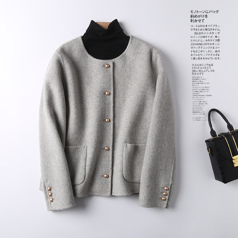 2025春款小个子毛呢外套小香风羊毛双面羊毛大衣天丝桑兔绒短款女