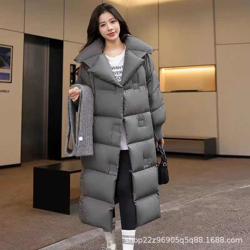 25款高级感大翻领加长款女士平湖羽绒服宽松过膝外套加厚时尚保暖