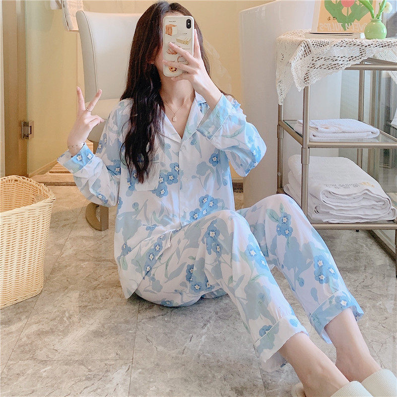新款人造棉春秋季女士睡衣韩版开衫长袖两件套夏天棉绸薄款家居服