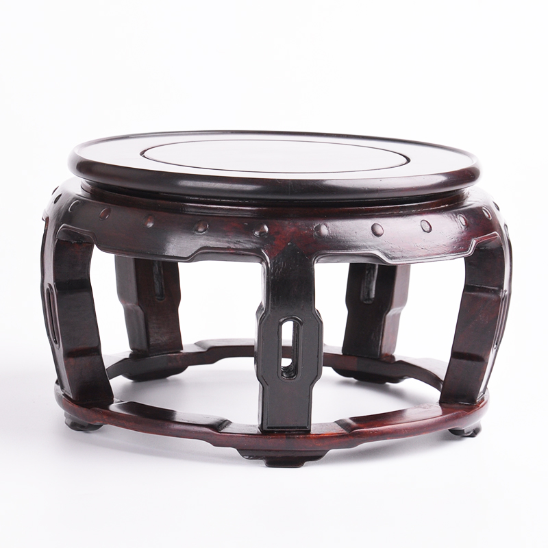 红木雕工艺品黑檀酸枝镶大理石花瓶底座实木圆形花盆盆景摆件底座
