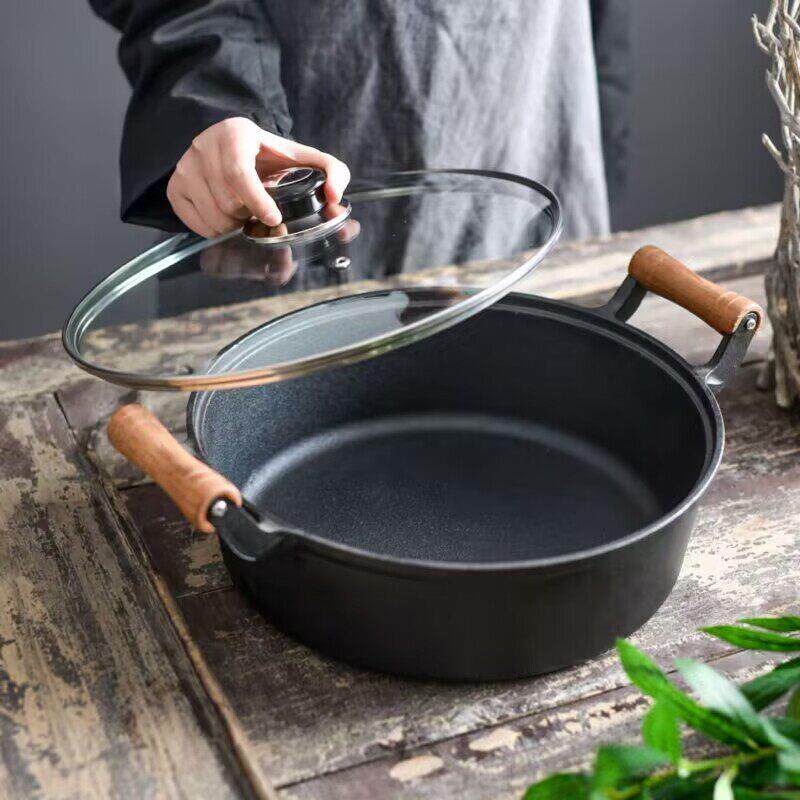 加深9.5木柄铸铁多用途煎锅家用多功能煎锅煎饼纯铸铁无涂层不粘