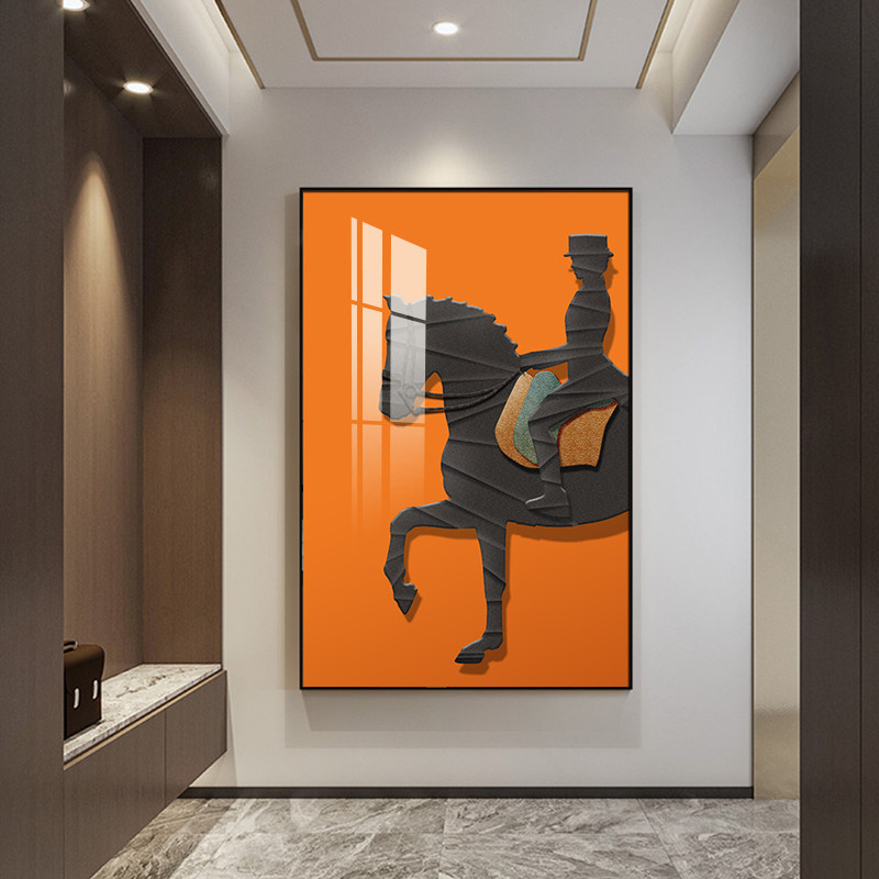 盈浩现代玄关装饰画轻奢高级感软装壁画橙色英伦风大客厅挂画骏马