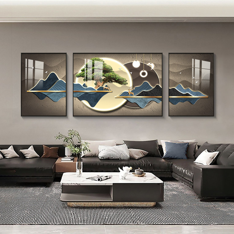 周画师客厅装饰画现代轻奢沙发背景墙三联画高档大气大厅挂画壁画