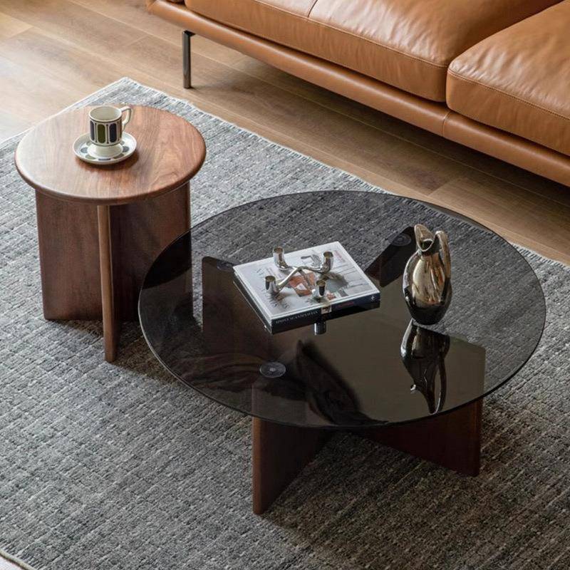 实木茶几客厅家用现代简约黑胡桃木2024新款小户型圆形小茶桌组合