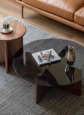 实木茶几客厅家用现代简约黑胡桃木2024新款小户型圆形小茶桌组合