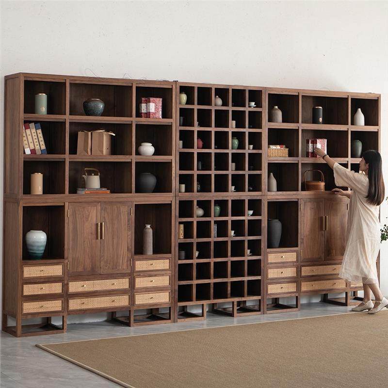 新中式黑胡桃实木整面墙书柜组合落地客厅博古架多宝阁置物架