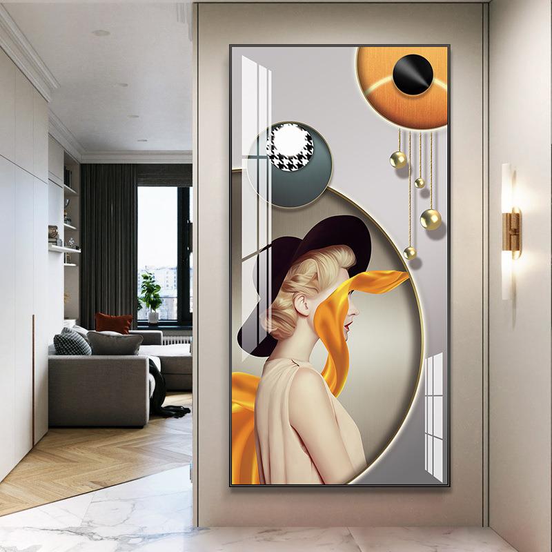 摩登人物玄关装饰画抽象橙色竖版大幅落地画客厅走廊过道壁画2021