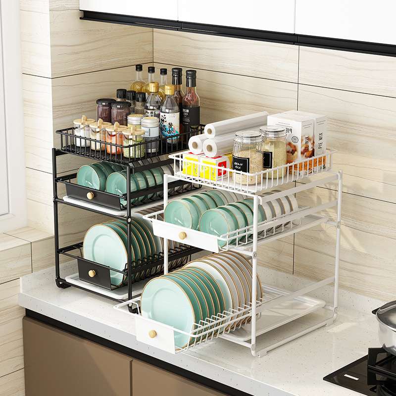 拆装款抽拉式厨房碗碟架家用台面三层抽屉调料碗碟置物架收纳架子