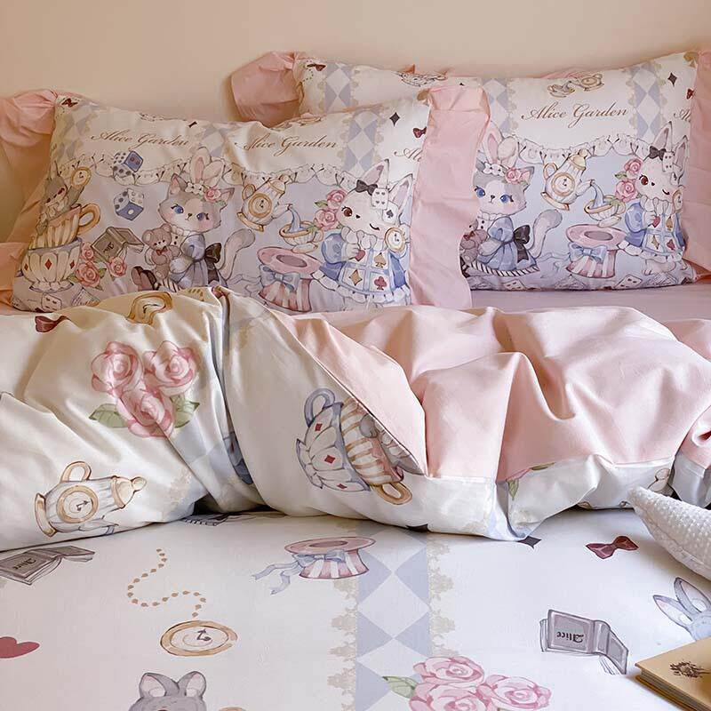 欧式少女心水洗棉花边款全棉床上四件套1.5m1.8米公寓被套床单三