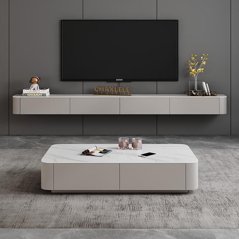 壁挂式实木岩板悬空电视柜茶几组合现代简约小户型客厅悬浮挂墙柜